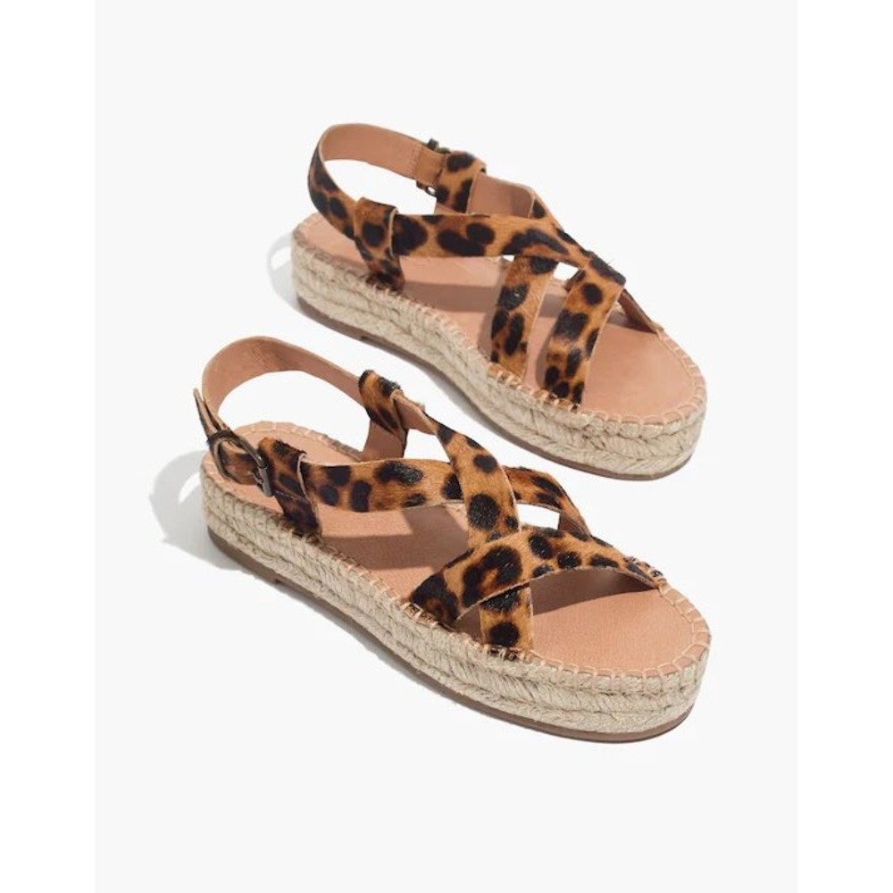 Madewell The Malia Espadrille Sandal Leopard Calf Hair Platform Tan Brown 7.5